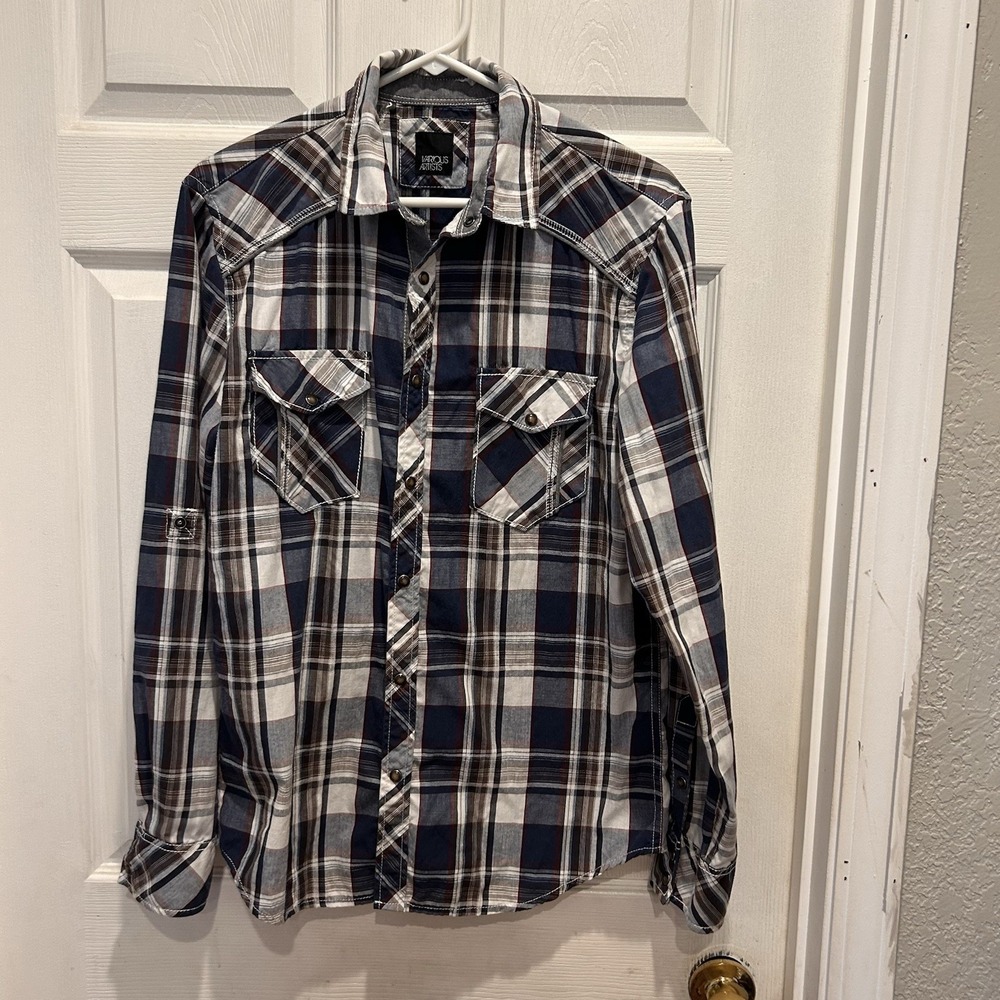Various Artists Mens Plaid Western Snap‎ Button Down Shirt Blue White Brown Med